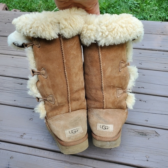 UGG Bailey Button Triplet Chestnut Suede Sheepskin Shearling Tall Fold Over Boot - Picture 5 of 10